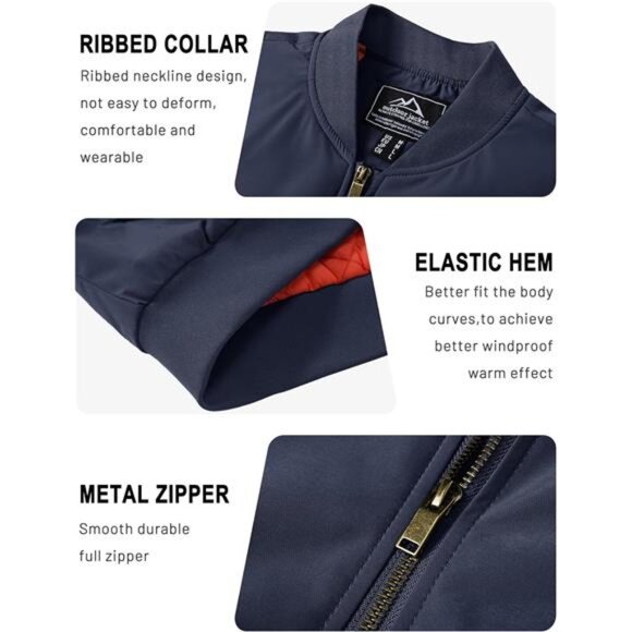 Mens Bomber Jacket Warm Full Zip Casual Padded Windbreaker Fall Winter Coat - Picture 6 of 7